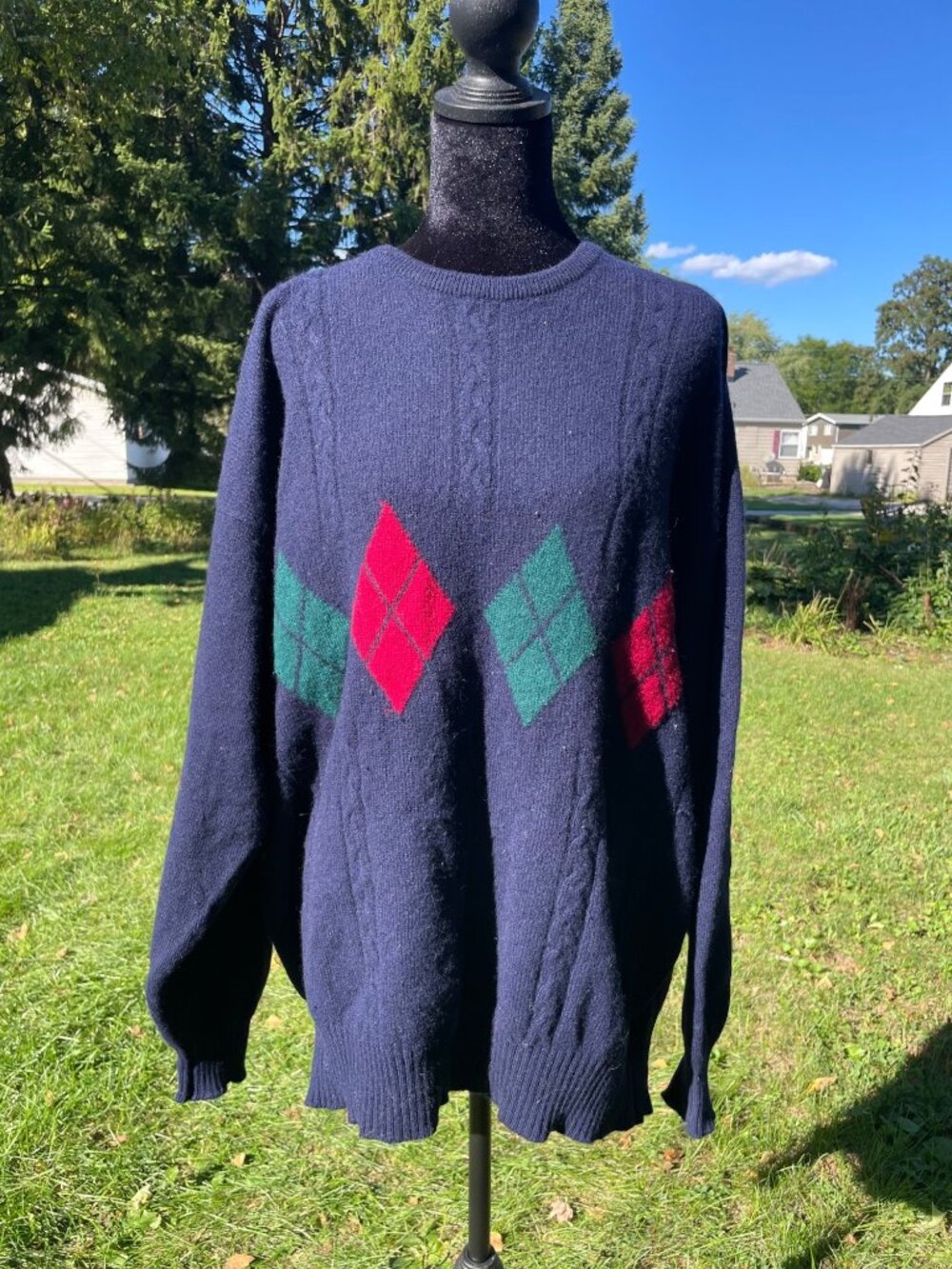 Vintage 70s Pringle of Scotland Navy Argyle Sweater Academia Relaxed Mens L XL